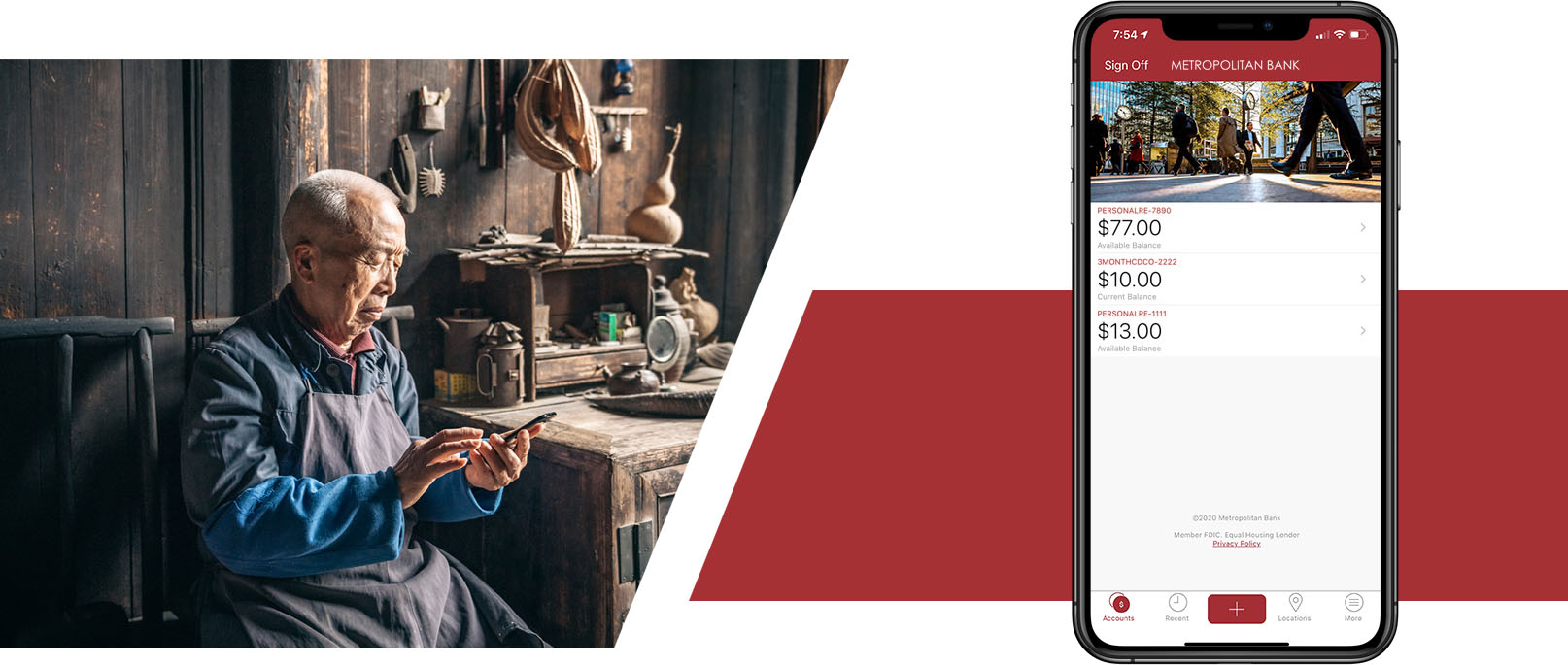 man using mobile banking on the left with a screen of the mobile banking app on the right