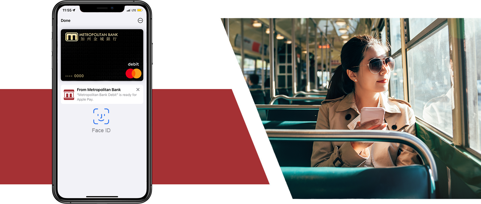 metropolitan bank debit card on apple pay displayed on a mobile device on the left and a women using mobile banking on the bus on the right